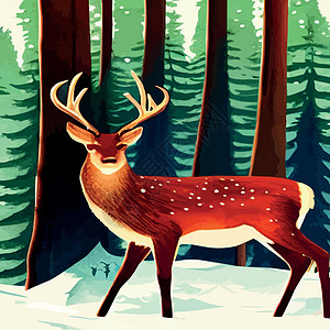景观与黑暗的冬天北部森林和野鹿肖像 矢量图 北方的野生动物荒野动物艺术品墙纸针叶叶子麋鹿公园艺术场景图片