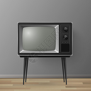矢量 3d 逼真复古电视接收器在木桌架上 家居室内设计理念 木地板上的老式电视机 电视 前视图发布会乡愁频道娱乐公告手表阁楼视频图片