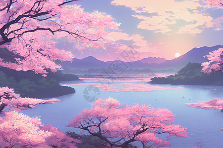 日本动画壁纸 上面有美丽的粉红樱桃树和背景的藤山地标吸引力反射卡通片绘图风景3d旅行天空插图图片