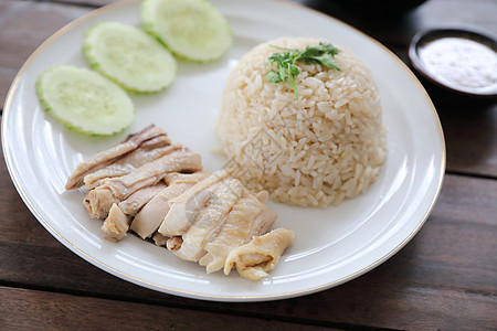 泰国食品美食鸡肉和大米烹饪香菜午餐鸡饭饮食早餐盘子食物文化黄瓜图片