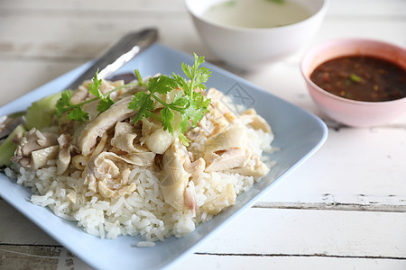 泰国食品美食鸡肉蒸炒鸡 有木本种大米早餐鸡饭香菜黄瓜食物盘子蔬菜煮沸文化烹饪图片