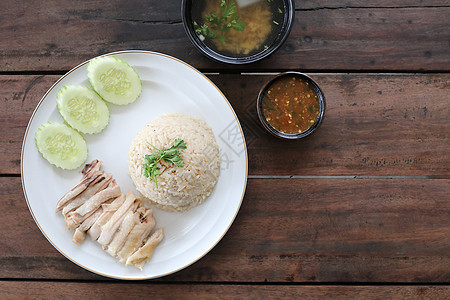 泰国食品美食鸡肉蒸炒鸡和木本大米午餐黄瓜文化饮食食物鸡饭煮沸盘子蔬菜早餐图片