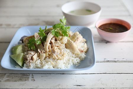 泰国食品美食鸡肉蒸炒鸡 有木本种大米饮食烹饪鸡饭香菜黄瓜午餐食物蔬菜煮沸盘子图片