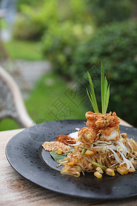 泰国食用棉面条和虾鱼午餐油炸菜单美食豆腐花生盘子面条柠檬蔬菜图片