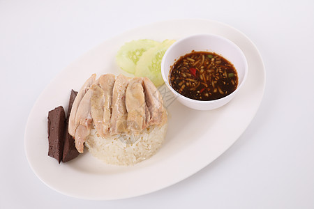 泰国食品美食鸡肉加大米 木本面的蔬菜黄瓜文化鸡饭煮沸早餐食物香菜烹饪午餐图片