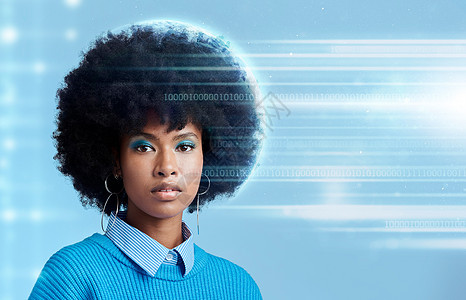黑人女性 全息和光 用于蓝色背景的数字 科技或未来派肖像 网络安全工作室的模型 化妆和模型 用于网络 互联网或数据公司的 3d 图片
