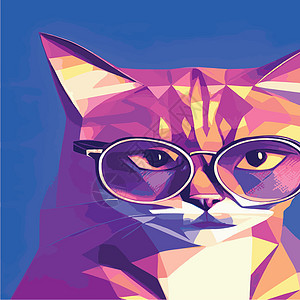 在带有太阳镜的几何多边形上手工绘制一只猫的肖像 矢量孤立元素 带眼镜的猫 打印插图晶须标识宠物装饰小猫内衬雕刻草图风格图片