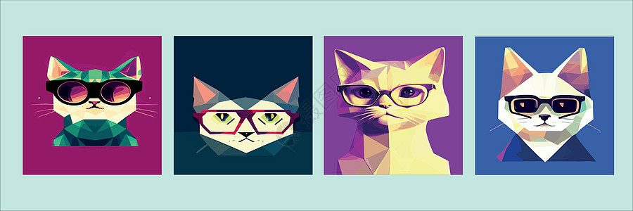 一套方形海报 手画一只猫在带有太阳镜的几何多边形上的肖像 矢量孤立元素眼镜小猫绘画墙纸立体声女孩收藏动物打印插图图片