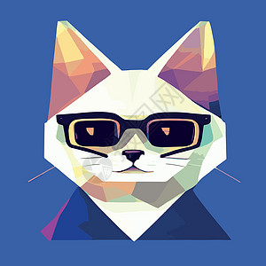 在带有太阳镜的几何多边形上手工绘制一只猫的肖像 矢量孤立元素 带眼镜的猫 打印公主宠物动物绘画艺术插图小猫青少年猫咪潮人图片
