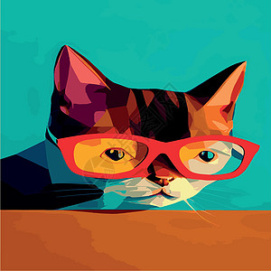 在带有太阳镜的几何多边形上手工绘制一只猫的肖像 矢量孤立元素 带眼镜的猫 打印草图小猫耳朵动物微笑内衬猫咪插图青少年绘画图片