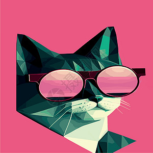 在带有太阳镜的几何多边形上手工绘制一只猫的肖像 矢量孤立元素 带眼镜的猫 打印小狗宠物插图小猫草图收藏微笑墙纸快乐动物图片