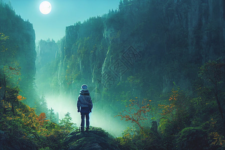 无畏的旅行者站在悬崖上 俯视秋天的森林和高雅的浅蓝山脉3d游客风景石头爬坡远足者探索地标自由全景图片