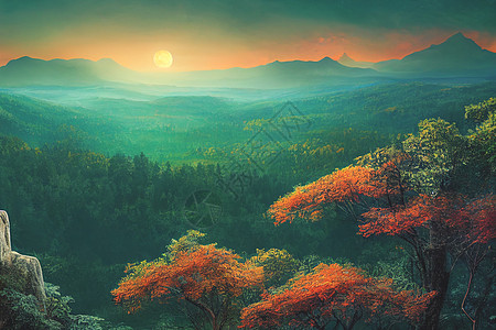 无畏的旅行者站在悬崖上 俯视秋天的森林和高雅的浅蓝山脉背包日落公园地标旅行假期游客爬坡石头顶峰图片