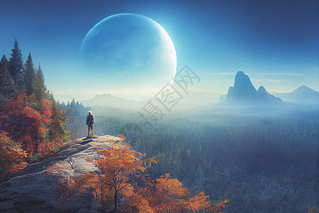 无畏的旅行者站在悬崖上 俯视秋天的森林和高雅的浅蓝山脉假期探索公园太阳爬坡游客岩石日落旅游风景图片