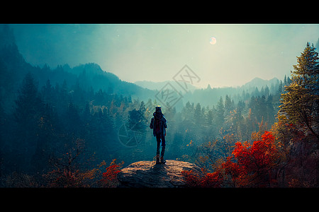 无畏的旅行者站在悬崖上 俯视秋天的森林和高雅的浅蓝山脉爬坡旅游探索地标旅行太阳假期公园3d远足图片