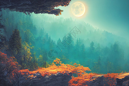 无畏的旅行者站在悬崖上 俯视秋天的森林和高雅的浅蓝山脉风景3d日落天空旅行假期男人自由公园石头图片
