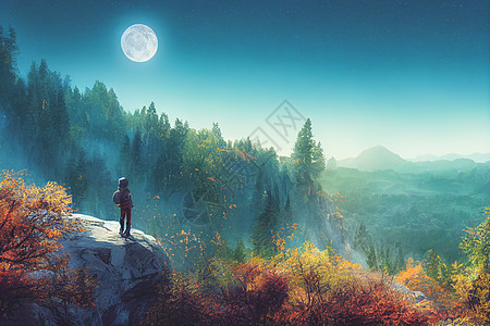 无畏的旅行者站在悬崖上 俯视秋天的森林和高雅的浅蓝山脉3d旅行探索天空远足者爬坡公园顶峰假期活动图片
