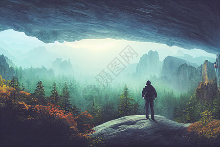 无畏的旅行者站在悬崖上 俯视秋天的森林和高雅的浅蓝山脉天空全景旅行3d远足者风景冒险游客太阳爬坡图片