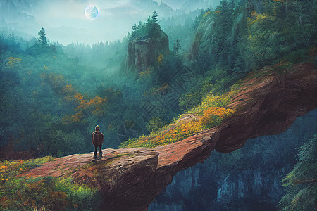 无畏的旅行者站在悬崖上 俯视秋天的森林和高雅的浅蓝山脉远足者男人岩石太阳探索游客爬坡风景假期活动图片