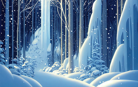 冬季森林中的瀑布 多雪的冬天森林瀑布 高质量的二维插图图片