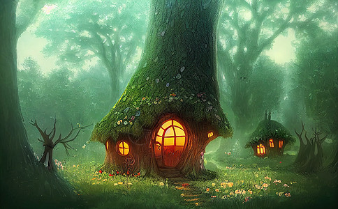 森林中的仙地房子 小的 有魅力的林子图片