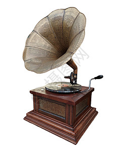 白色背景上隔离的旧式古老破旧的留声器乡愁艺术玩家机器棕色娱乐记录扬声器盒子扩音器图片