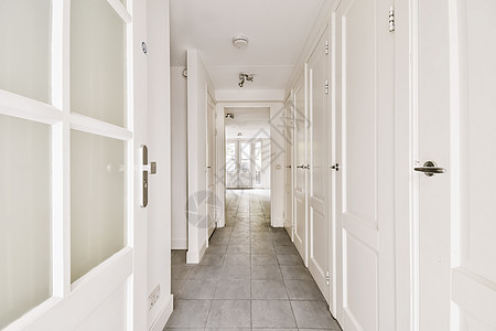 一条走廊 有白色门和一层砖瓦的地板房间墙壁地面家具建筑学窗户门厅房子奢华住宅图片