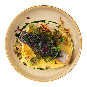 一片马铃薯泥土豆鲑鱼片土豆盘子午餐餐厅营养鱼片鳟鱼菜单食物美食图片