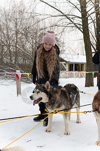 朋友哈斯基快乐自然动物狗宠物雪雪地女户外女孩爱成年女性 在公园过冬图片
