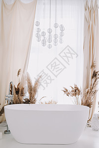 现代白色洗手间 白浴在有白色墙的房间里装饰窗户陶瓷淋浴公寓卫生浴缸制品大理石温泉图片