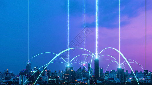 在城市景观上具有连接网络互惠性的智能数字城市技术手机建筑软件服务解决方案全球化货币数据营销图片