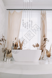 现代白色洗手间 白浴在有白色墙的房间里疗法讲台风格淋浴窗帘酒店卫生间石头卫生公寓图片