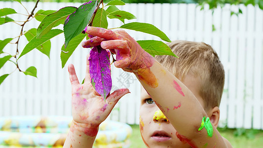 一个小孩 一个四岁的男孩在夏天玩耍 用手指画画 在花园里的树上装饰树叶成人院子妈妈女性家庭乐趣假期孩子小屋艺术家图片