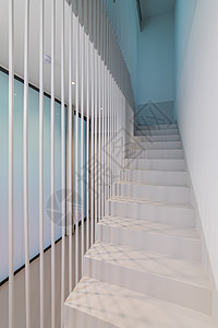 通往二楼的美丽白色楼梯 带有柔和的蓝色灯光 独创的落地围栏设计方案 由金属白杆制成 具有失重的效果图片