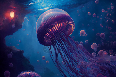在水下世界中美丽的水母 有着内在光华场景生活海洋科学动物水族馆运动潜艇辉光野生动物图片