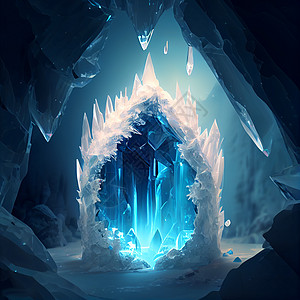 冰洞和蓝白水晶 以城堡的形式 有水晶石头蓝色玻璃旅游矿物冒险勘探石笋气候冰柱图片