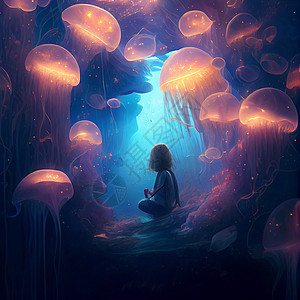 一个女孩冥想 和一群发光的水母 在她上面苍蝇萤火虫海蜇游泳场景海洋生活图片紫色动物水族馆图片