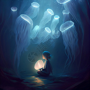 一个女孩冥想 和一群发光的水母 在她上面苍蝇星星生活艺术幻想萤火虫水族馆运动图片科学辉光图片