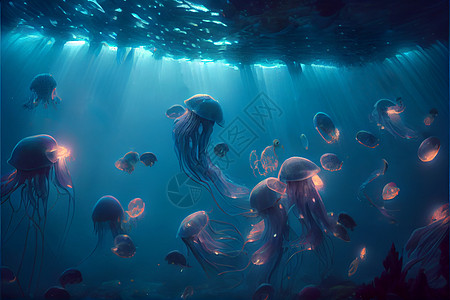 水下世界的尼龙水母壳生活学校游泳动物水族馆蓝色飞碟辉光荨麻浅滩图片