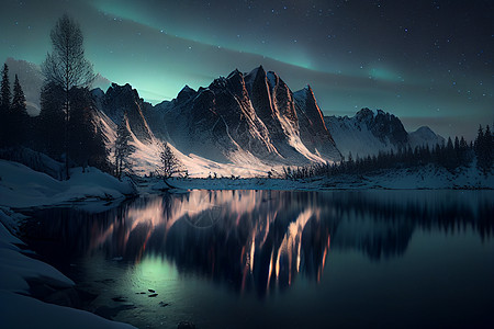 星星灯雪山的风景 天空中冰冻湖泊和北极光照亮支撑旅行爬坡建筑物场景星星顶峰反射海岸卡通片背景
