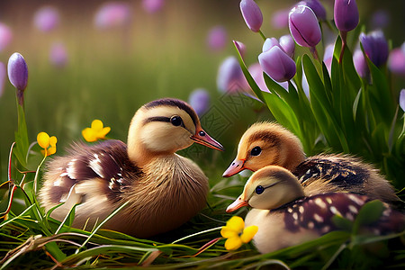 在郁金香背景的草地上 母鸭子和小鸭子在草地上图片