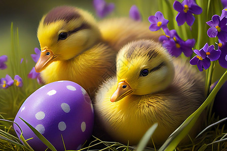 鸡蛋附近的巢里有两个可爱的鸭子小鸡父母野生动物动物濒危婴儿女性支撑小鸭子母亲图片