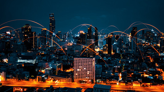 在城市景观上具有连接网络互惠性的智能数字城市商业手机建筑网格速度交通人工智能互联网电脑数据图片