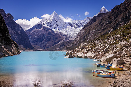 秘鲁安卡什 安第斯山脉雪积的松石帕龙湖蓝色天空湖岸地标山脉风景远足雪山旅行冰川图片