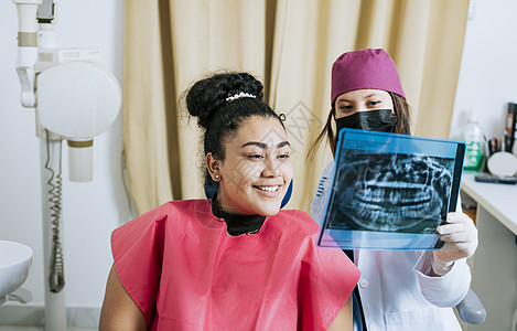 牙医和病人一起检查 X 光片 患者与牙医一起看 X 光片 牙医向女性患者展示 X 光片检查的概念 牙医向患者展示 X 光片图片