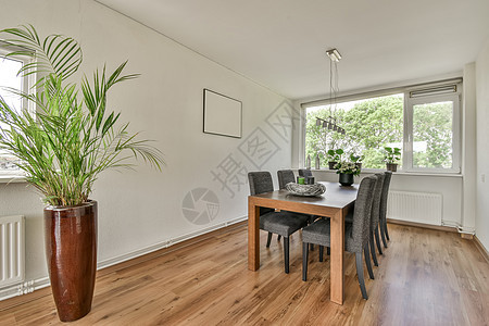 a 饭厅 配有木制桌椅和椅子木地板枕头沙发木头房间家具风格桌子建筑学房子图片
