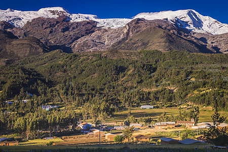 日出时在的Hascaran村和Huascaran村下雪山脉旅游日落目的地风景城市农场教会雪山地标图片