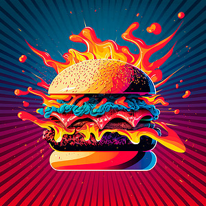 蒂尔波普艺术中的彩色汉堡蔬菜艺术家贴纸面包食物卡片旗帜海报卡通片背景图片