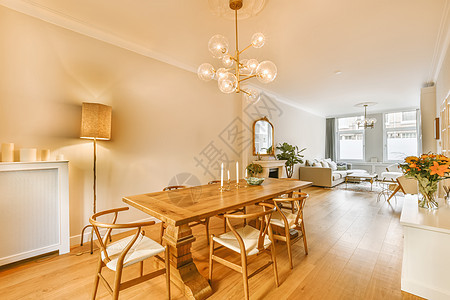a 饭厅 配有大木制桌和椅子沙发花瓶地面房间厨房公寓奢华风格建筑学枝形图片
