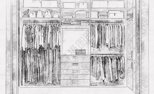 现代木制衣柜 衣服挂在铁轨上 在壁橱中行走 铅笔草图图片